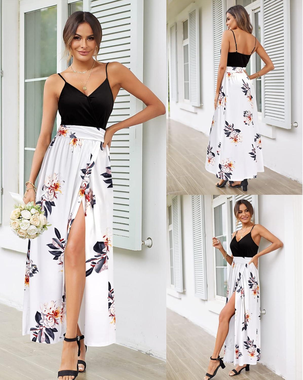 image:imageNewshows Womens 2026 Lightweight Summer Wedding Guest Beach Vacation Casual V Neck Split Flowy Maxi DressBlack Floral White