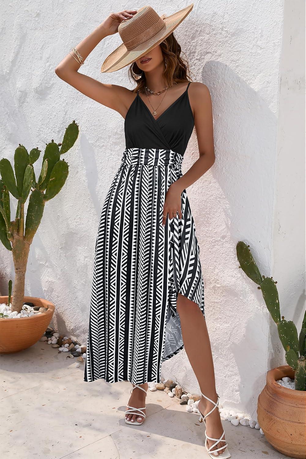 image:imageNewshows Womens 2026 Lightweight Summer Wedding Guest Beach Vacation Casual V Neck Split Flowy Maxi DressBlack Geometric Striped