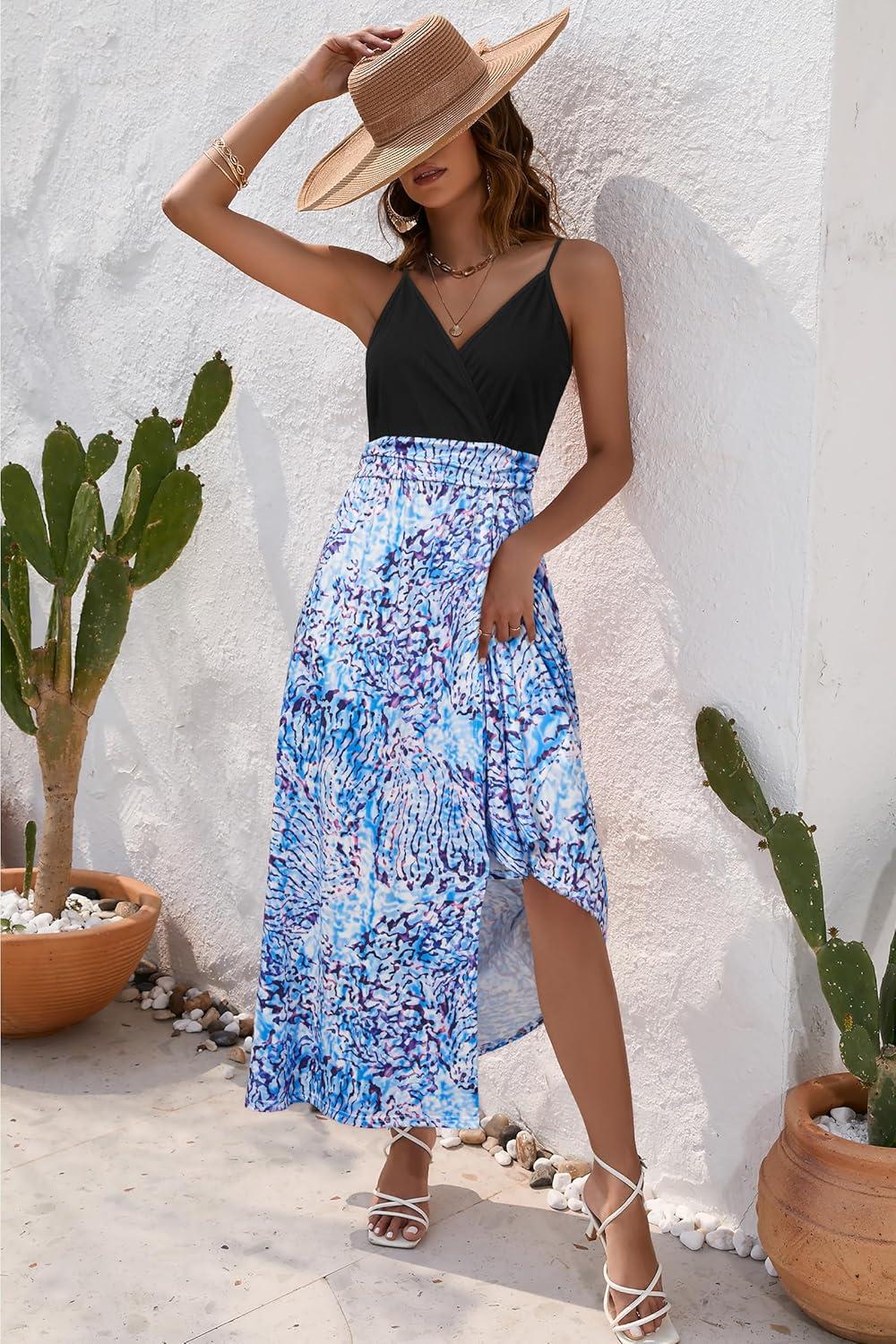 image:imageNewshows Womens 2026 Lightweight Summer Wedding Guest Beach Vacation Casual V Neck Split Flowy Maxi DressBlue Abstract Floral