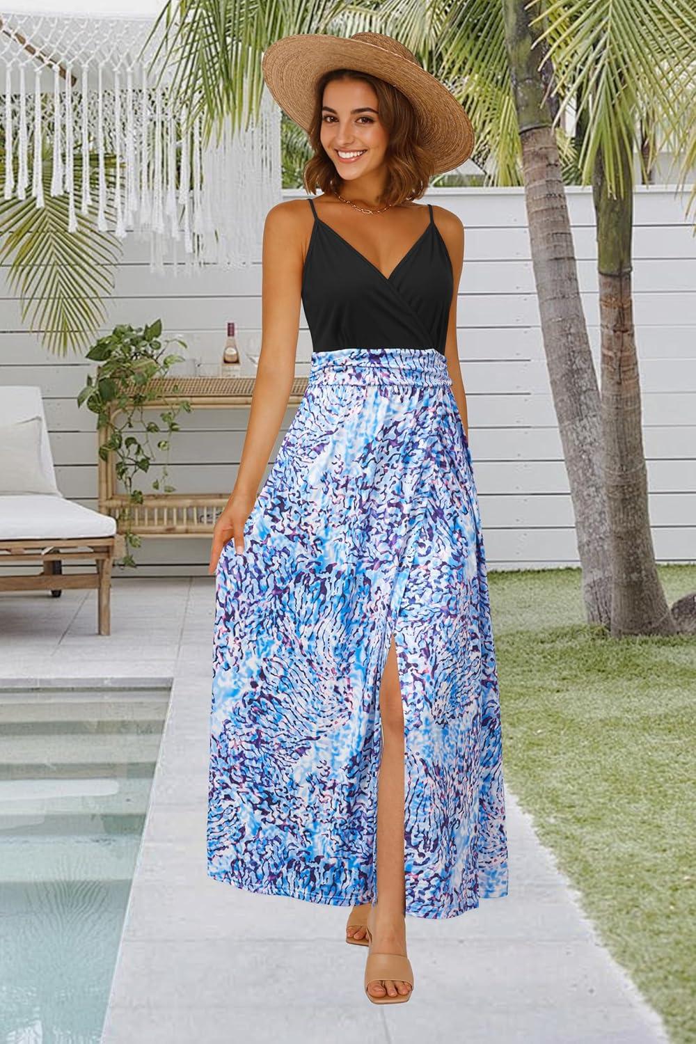 image:imageNewshows Womens 2026 Lightweight Summer Wedding Guest Beach Vacation Casual V Neck Split Flowy Maxi DressBlue Abstract Floral