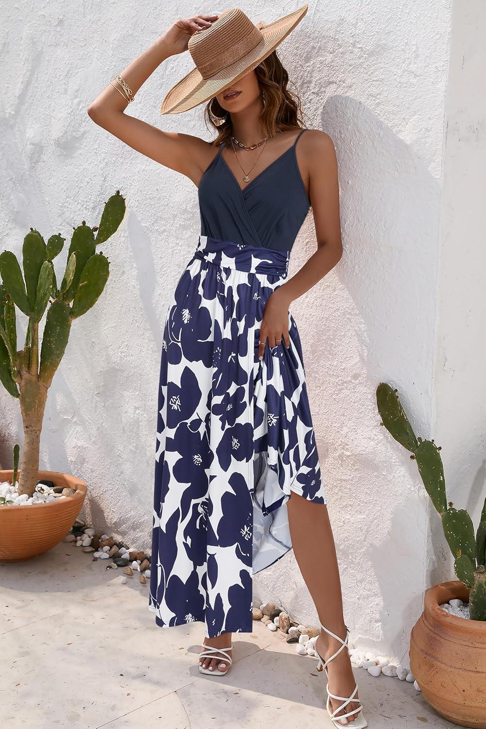 image:imageNewshows Womens 2026 Lightweight Summer Wedding Guest Beach Vacation Casual V Neck Split Flowy Maxi DressBlue Floral Blue White