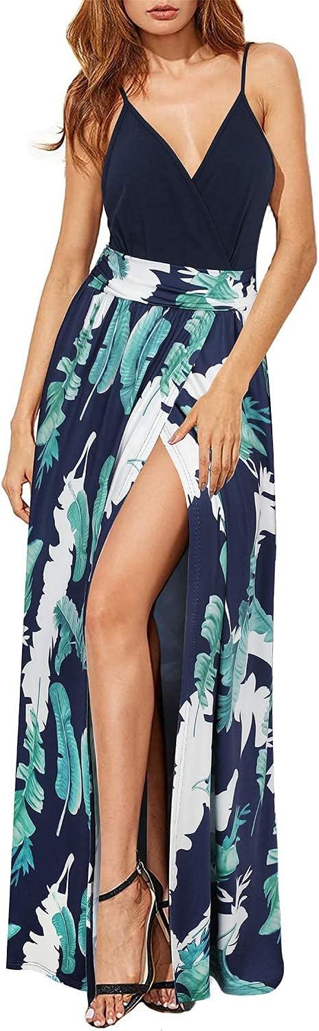 image:imageNewshows Womens 2026 Lightweight Summer Wedding Guest Beach Vacation Casual V Neck Split Flowy Maxi DressBlue Floral Leaf
