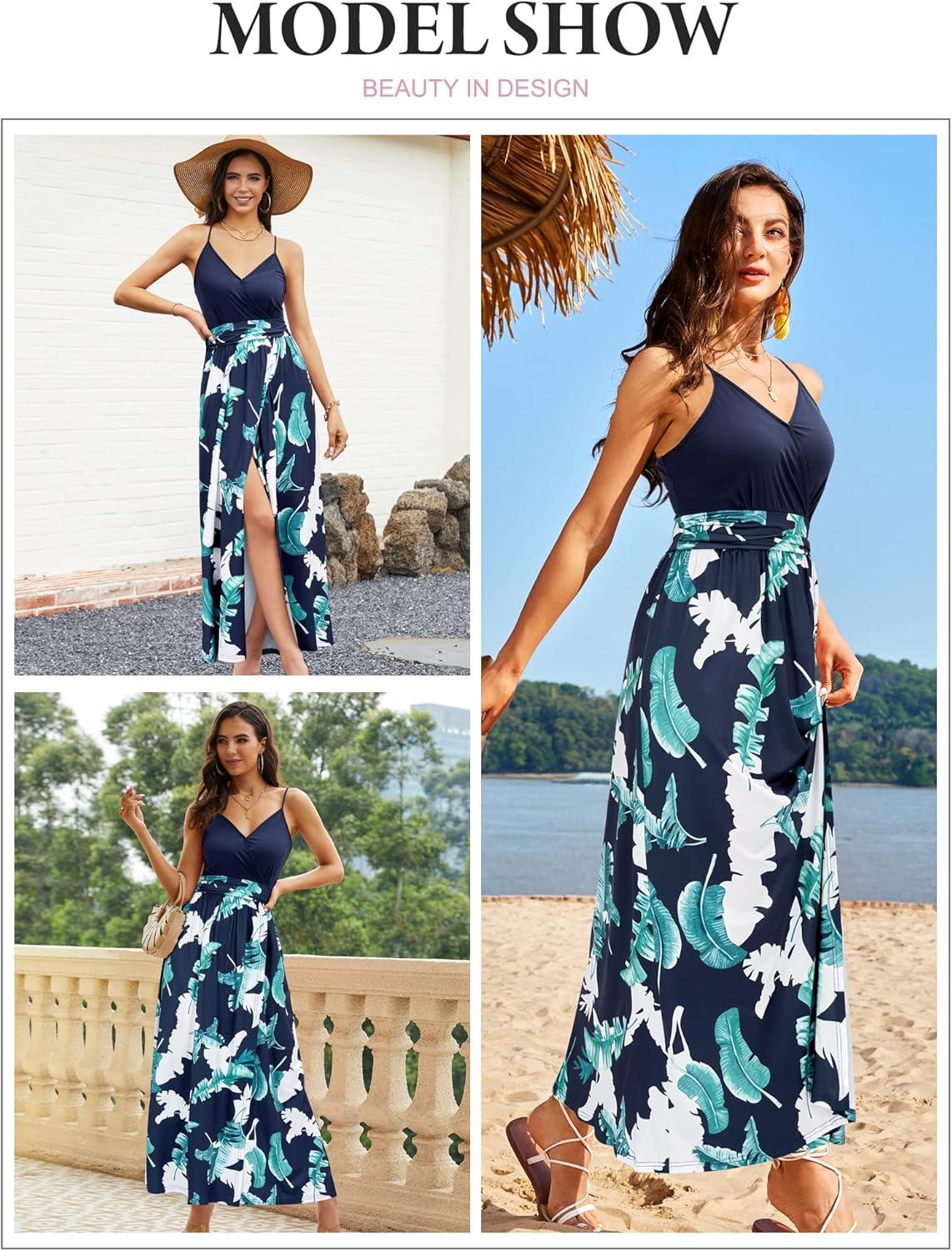 image:imageNewshows Womens 2026 Lightweight Summer Wedding Guest Beach Vacation Casual V Neck Split Flowy Maxi DressBlue Floral Leaf