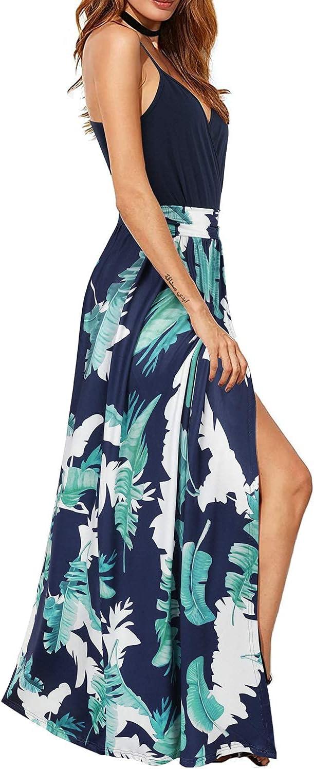 image:imageNewshows Womens 2026 Lightweight Summer Wedding Guest Beach Vacation Casual V Neck Split Flowy Maxi DressBlue Floral Leaf