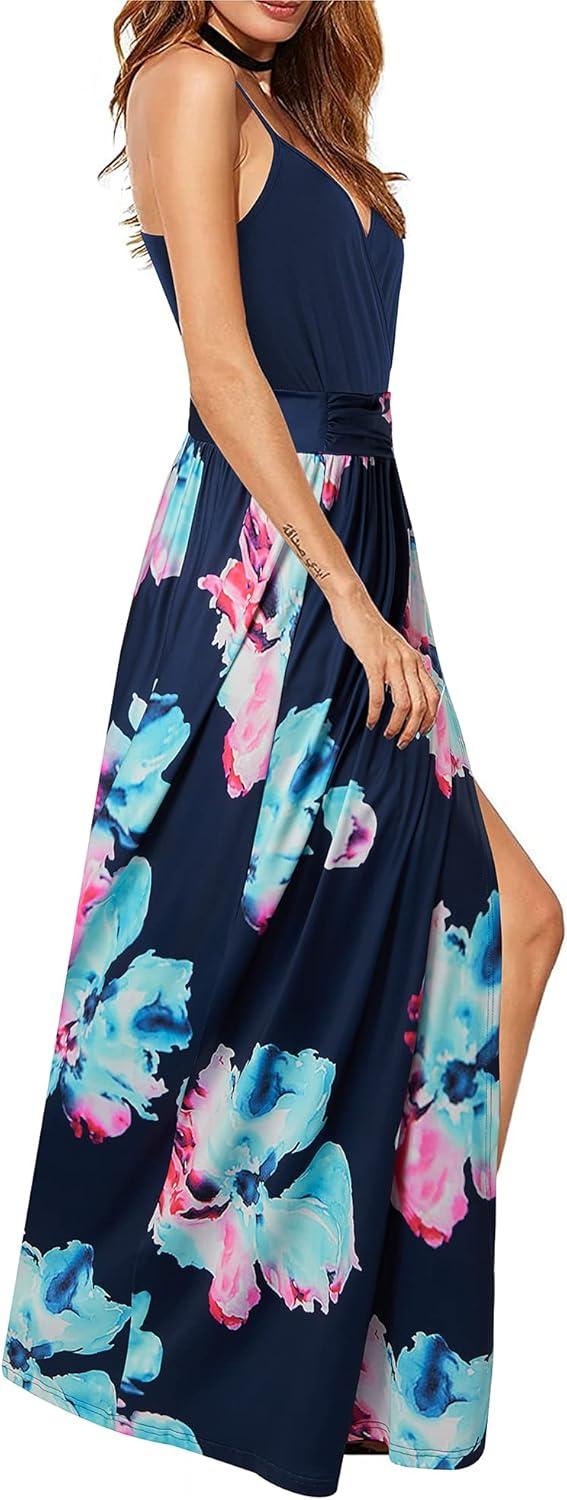 image:imageNewshows Womens 2026 Lightweight Summer Wedding Guest Beach Vacation Casual V Neck Split Flowy Maxi DressBlue Floral Light Blue