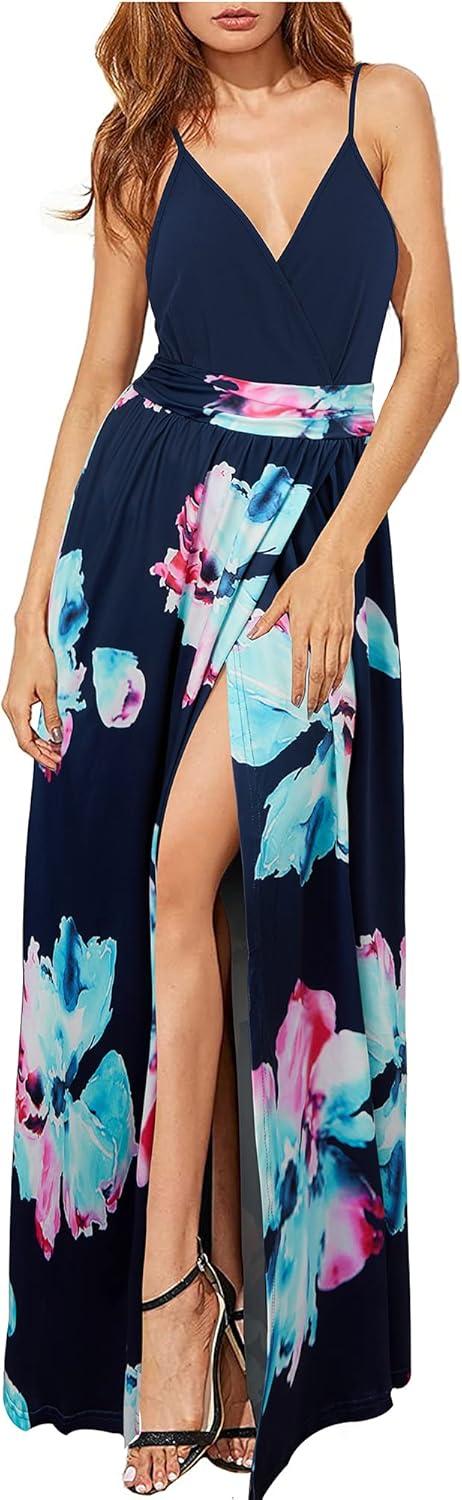 image:imageNewshows Womens 2026 Lightweight Summer Wedding Guest Beach Vacation Casual V Neck Split Flowy Maxi DressBlue Floral Light Blue