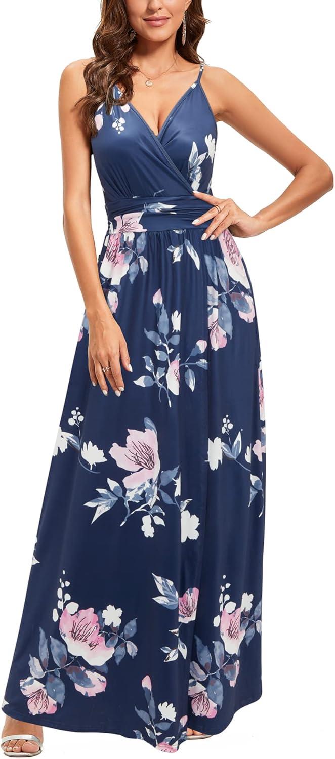 image:imageNewshows Womens 2026 Lightweight Summer Wedding Guest Beach Vacation Casual V Neck Split Flowy Maxi DressBlue Floral Pink
