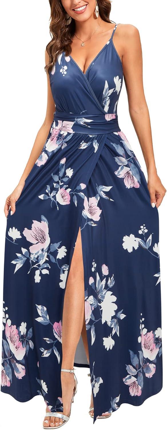 image:imageNewshows Womens 2026 Lightweight Summer Wedding Guest Beach Vacation Casual V Neck Split Flowy Maxi DressBlue Floral Pink