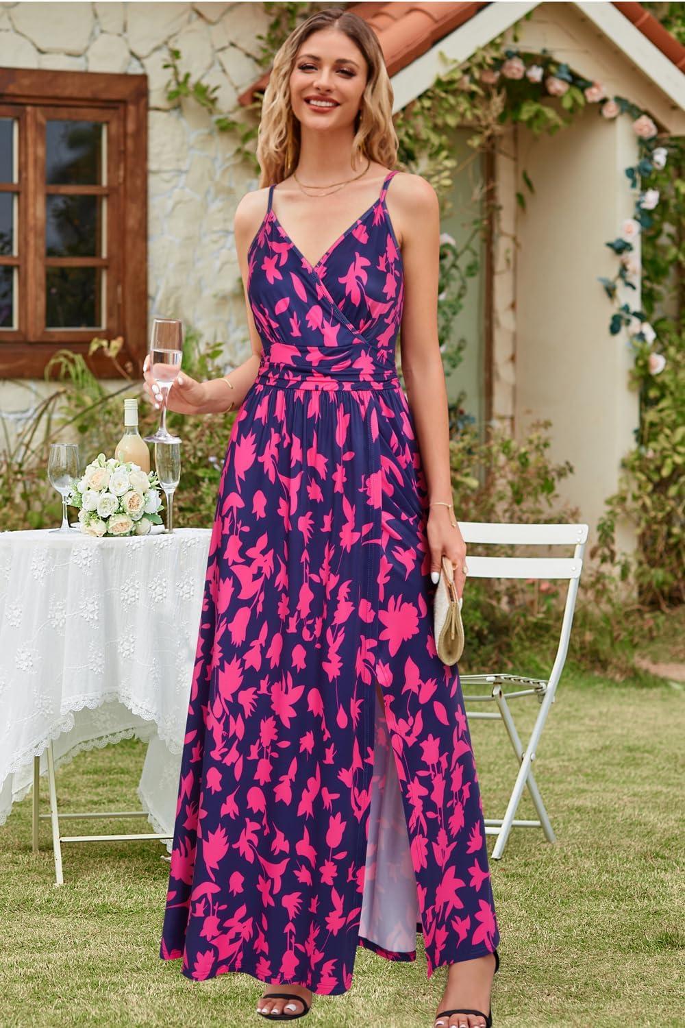 image:imageNewshows Womens 2026 Lightweight Summer Wedding Guest Beach Vacation Casual V Neck Split Flowy Maxi DressBlue Floral Rose