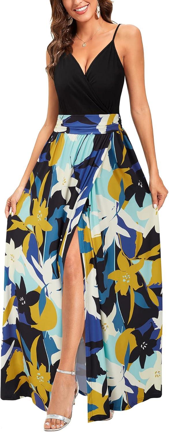 image:imageNewshows Womens 2026 Lightweight Summer Wedding Guest Beach Vacation Casual V Neck Split Flowy Maxi DressBlue Floral Yellow