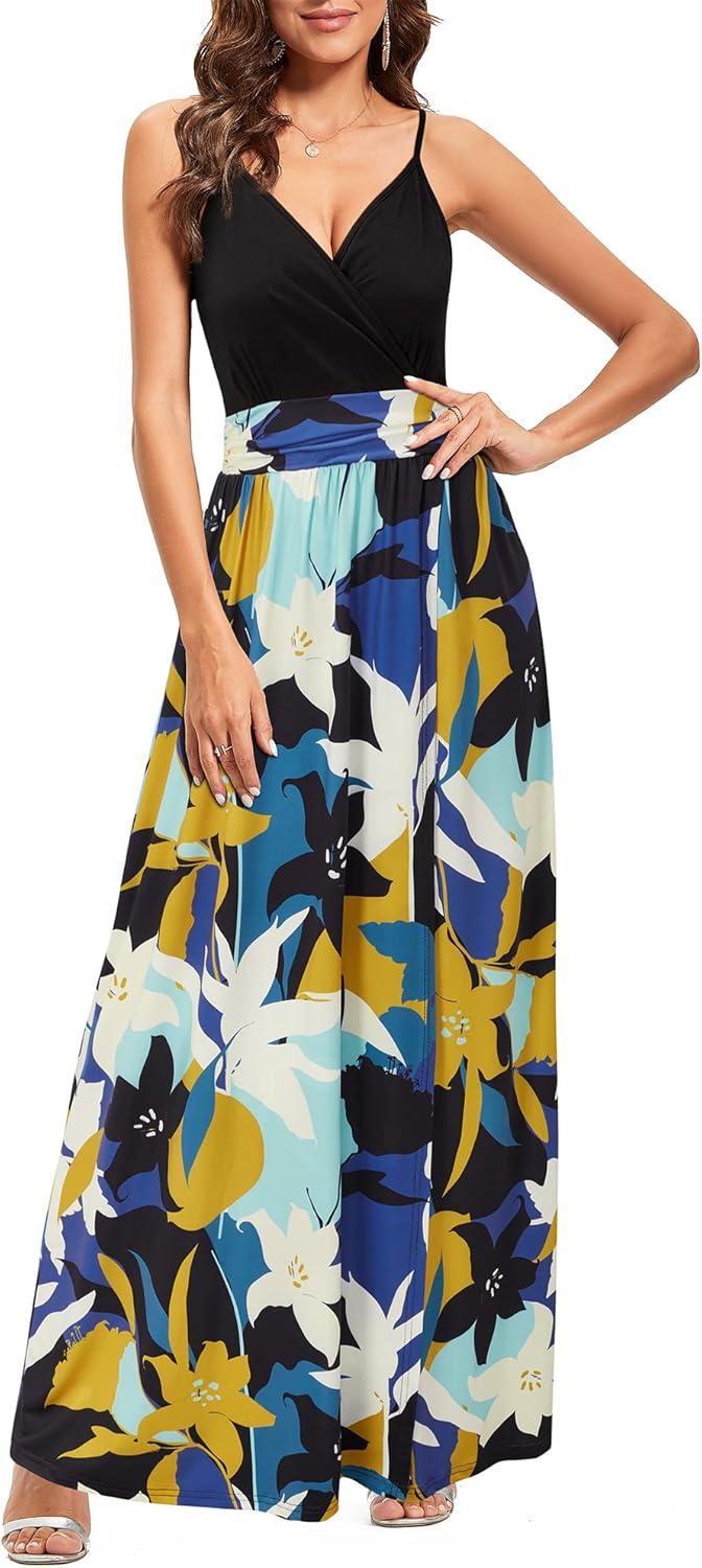image:imageNewshows Womens 2026 Lightweight Summer Wedding Guest Beach Vacation Casual V Neck Split Flowy Maxi DressBlue Floral Yellow