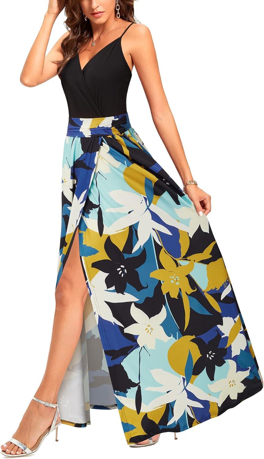 image:imageNewshows Womens 2026 Lightweight Summer Wedding Guest Beach Vacation Casual V Neck Split Flowy Maxi DressBlue Floral Yellow