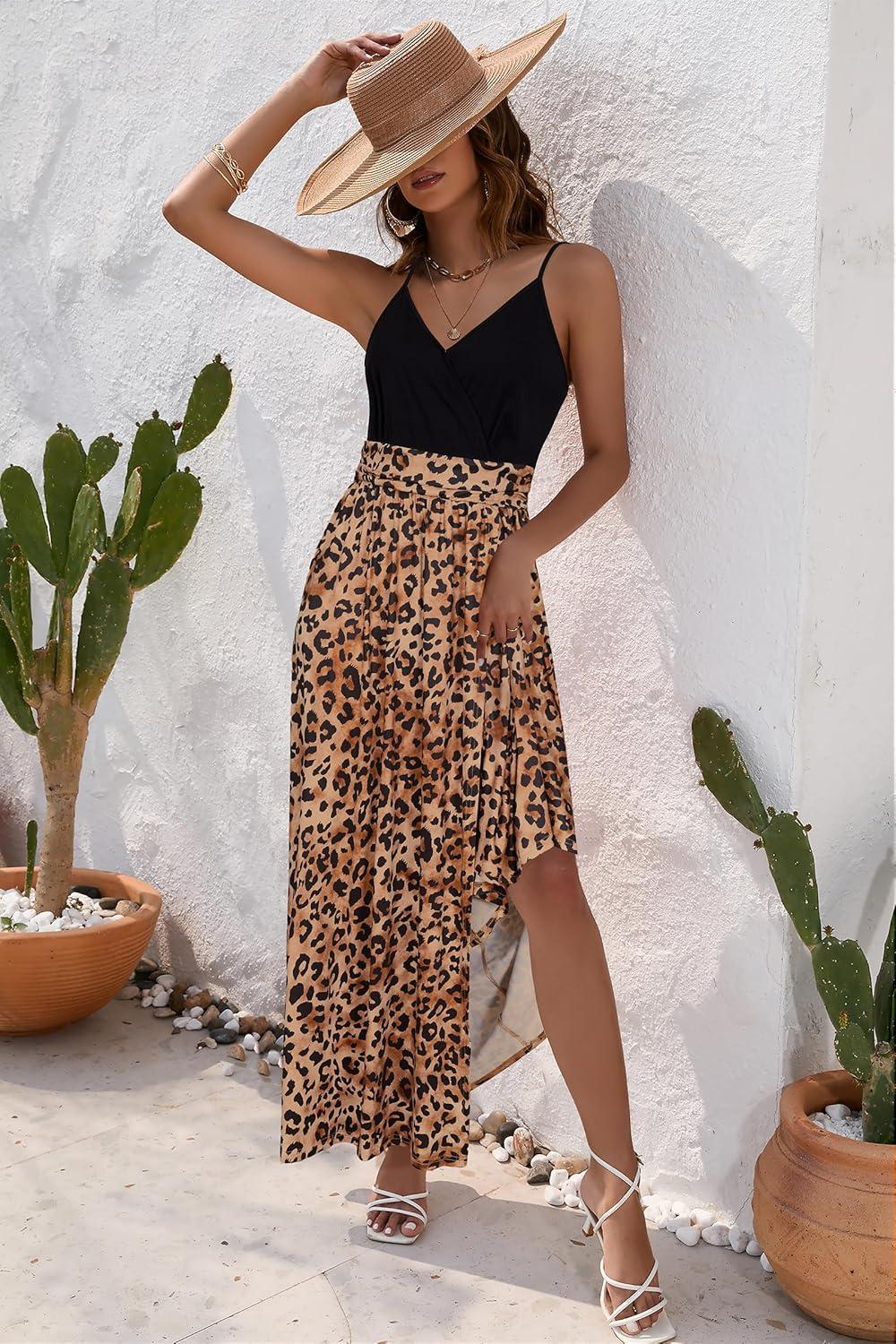 image:imageNewshows Womens 2026 Lightweight Summer Wedding Guest Beach Vacation Casual V Neck Split Flowy Maxi DressBrown Leopard