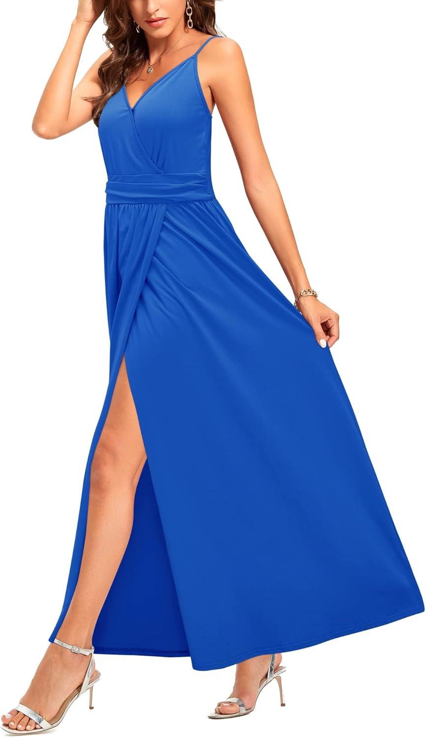 image:imageNewshows Womens 2026 Lightweight Summer Wedding Guest Beach Vacation Casual V Neck Split Flowy Maxi DressCerulean Blue