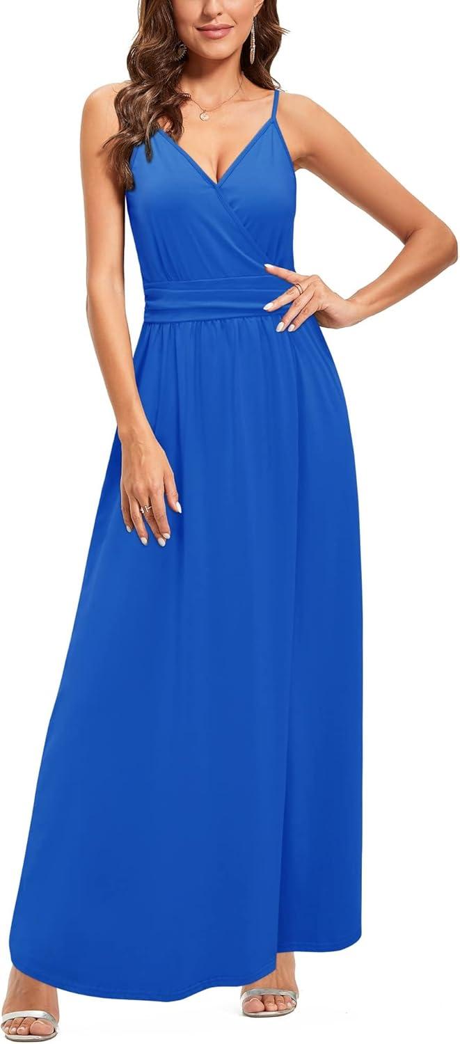 image:imageNewshows Womens 2026 Lightweight Summer Wedding Guest Beach Vacation Casual V Neck Split Flowy Maxi DressCerulean Blue