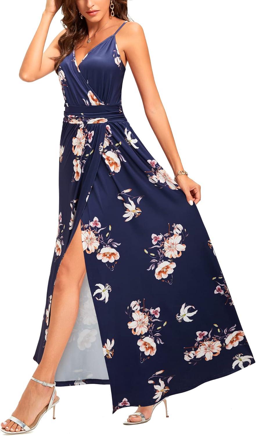 image:imageNewshows Womens 2026 Lightweight Summer Wedding Guest Beach Vacation Casual V Neck Split Flowy Maxi DressDark Blue Floral White