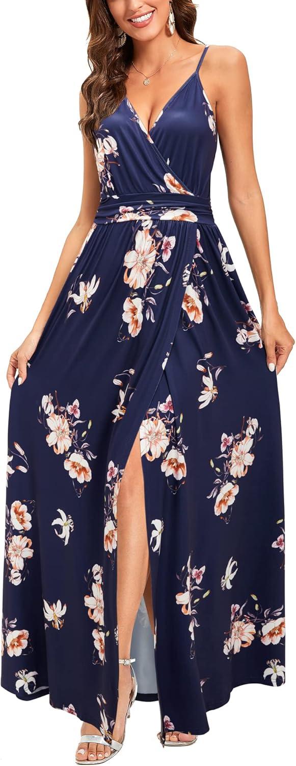 image:imageNewshows Womens 2026 Lightweight Summer Wedding Guest Beach Vacation Casual V Neck Split Flowy Maxi DressDark Blue Floral White