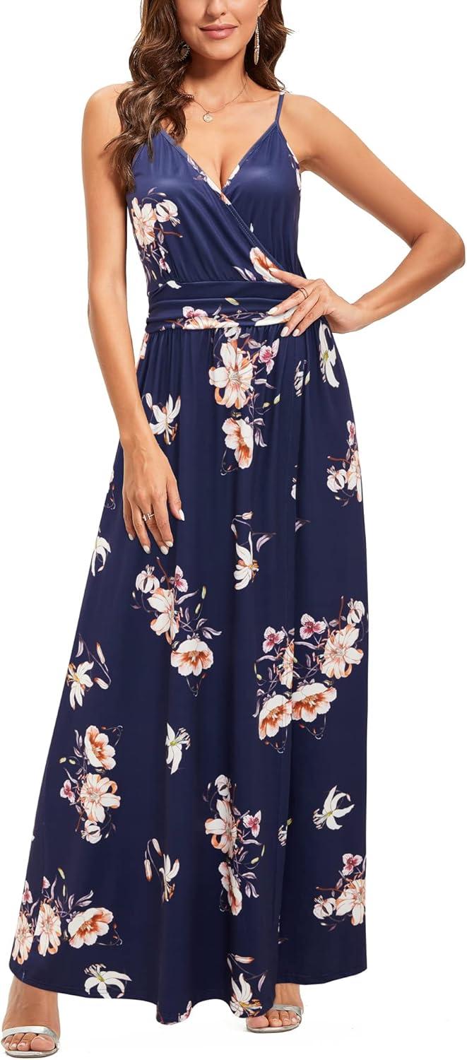 image:imageNewshows Womens 2026 Lightweight Summer Wedding Guest Beach Vacation Casual V Neck Split Flowy Maxi DressDark Blue Floral White