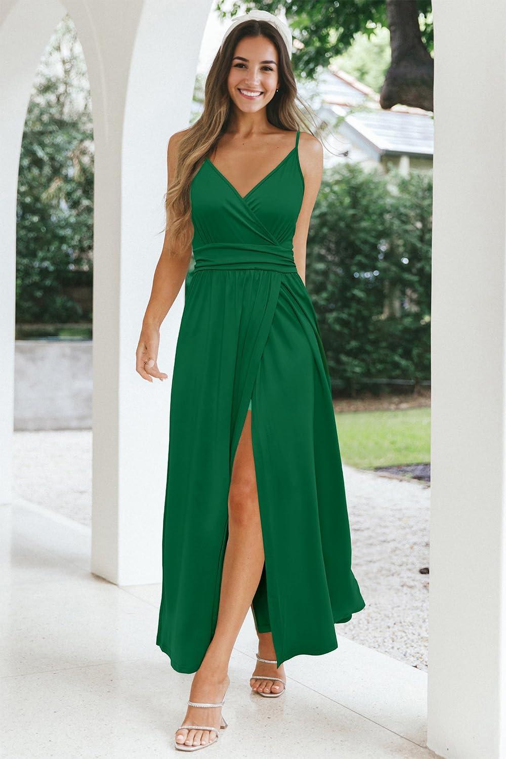 image:imageNewshows Womens 2026 Lightweight Summer Wedding Guest Beach Vacation Casual V Neck Split Flowy Maxi DressDark Green