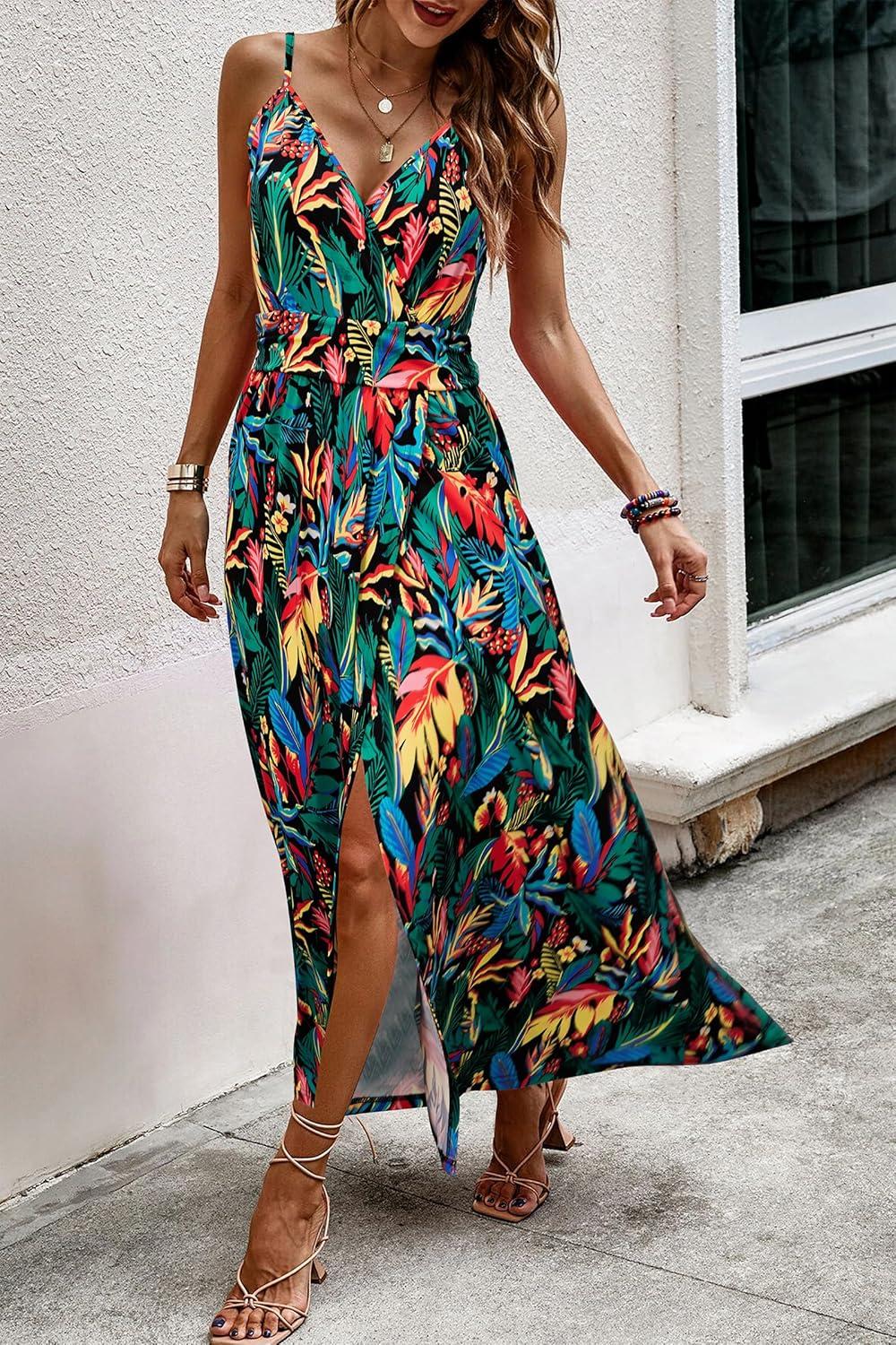 image:imageNewshows Womens 2026 Lightweight Summer Wedding Guest Beach Vacation Casual V Neck Split Flowy Maxi DressGreen Colorful Leaf