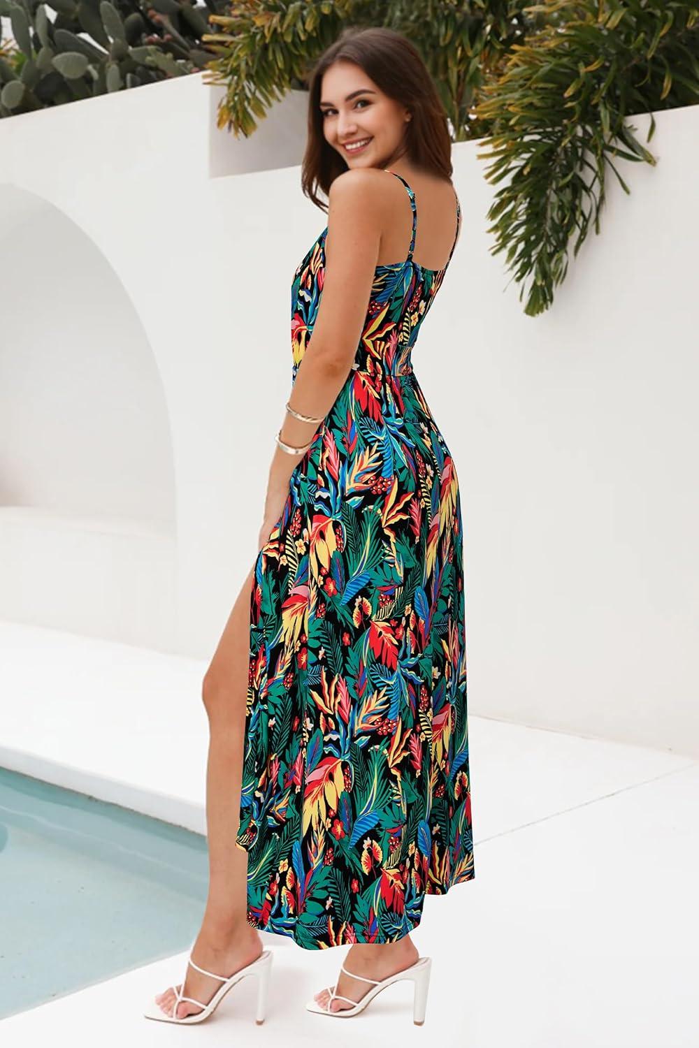 image:imageNewshows Womens 2026 Lightweight Summer Wedding Guest Beach Vacation Casual V Neck Split Flowy Maxi DressGreen Colorful Leaf