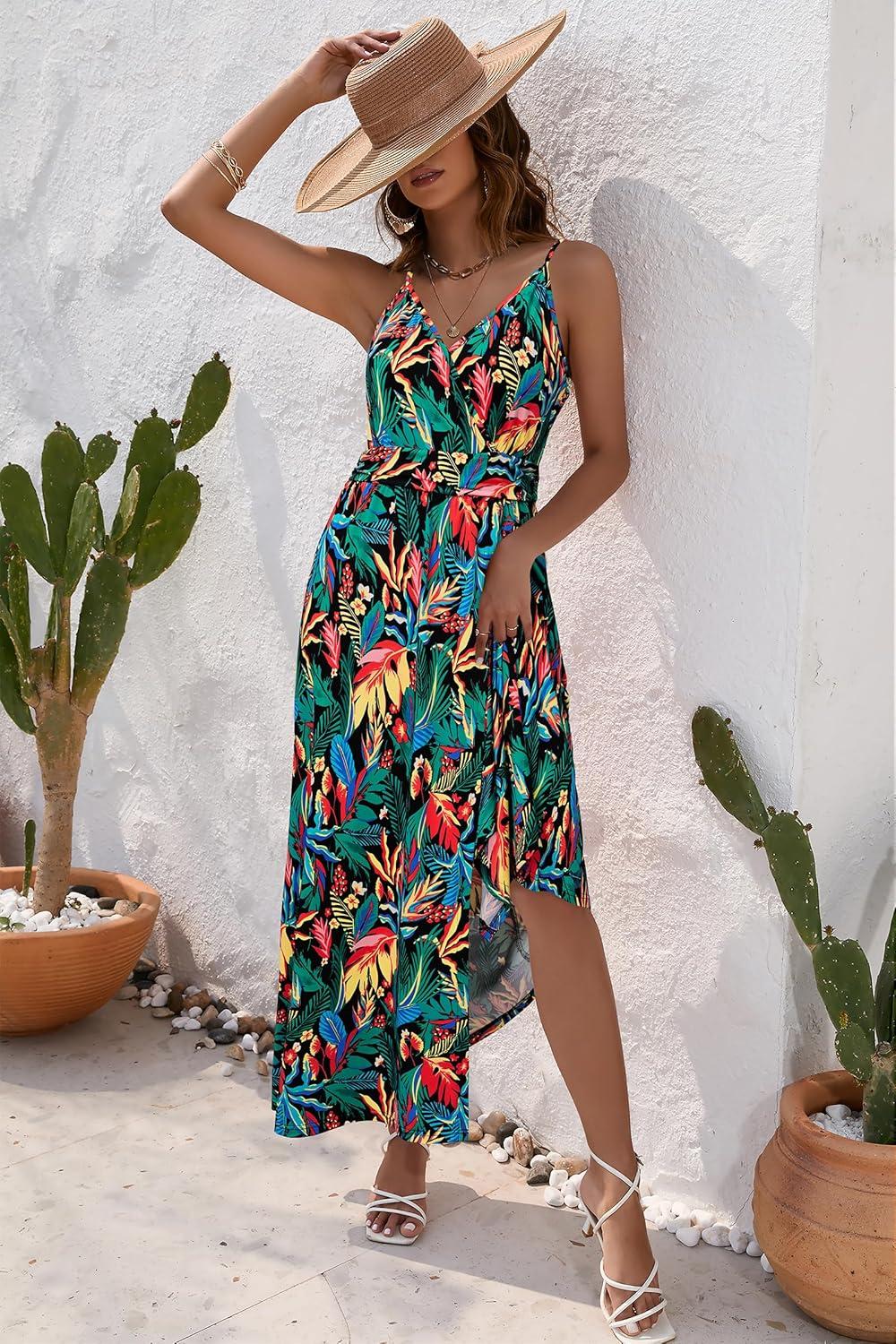 image:imageNewshows Womens 2026 Lightweight Summer Wedding Guest Beach Vacation Casual V Neck Split Flowy Maxi DressGreen Colorful Leaf