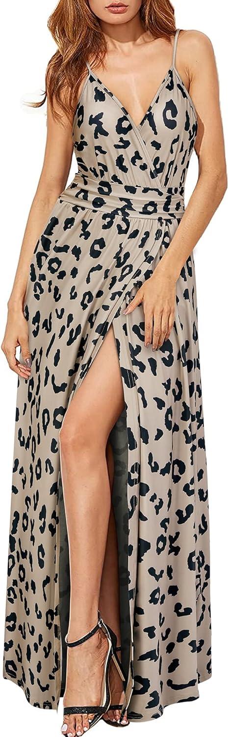 image:imageNewshows Womens 2026 Lightweight Summer Wedding Guest Beach Vacation Casual V Neck Split Flowy Maxi DressLeopard Floral Black