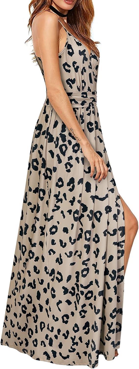 image:imageNewshows Womens 2026 Lightweight Summer Wedding Guest Beach Vacation Casual V Neck Split Flowy Maxi DressLeopard Floral Black