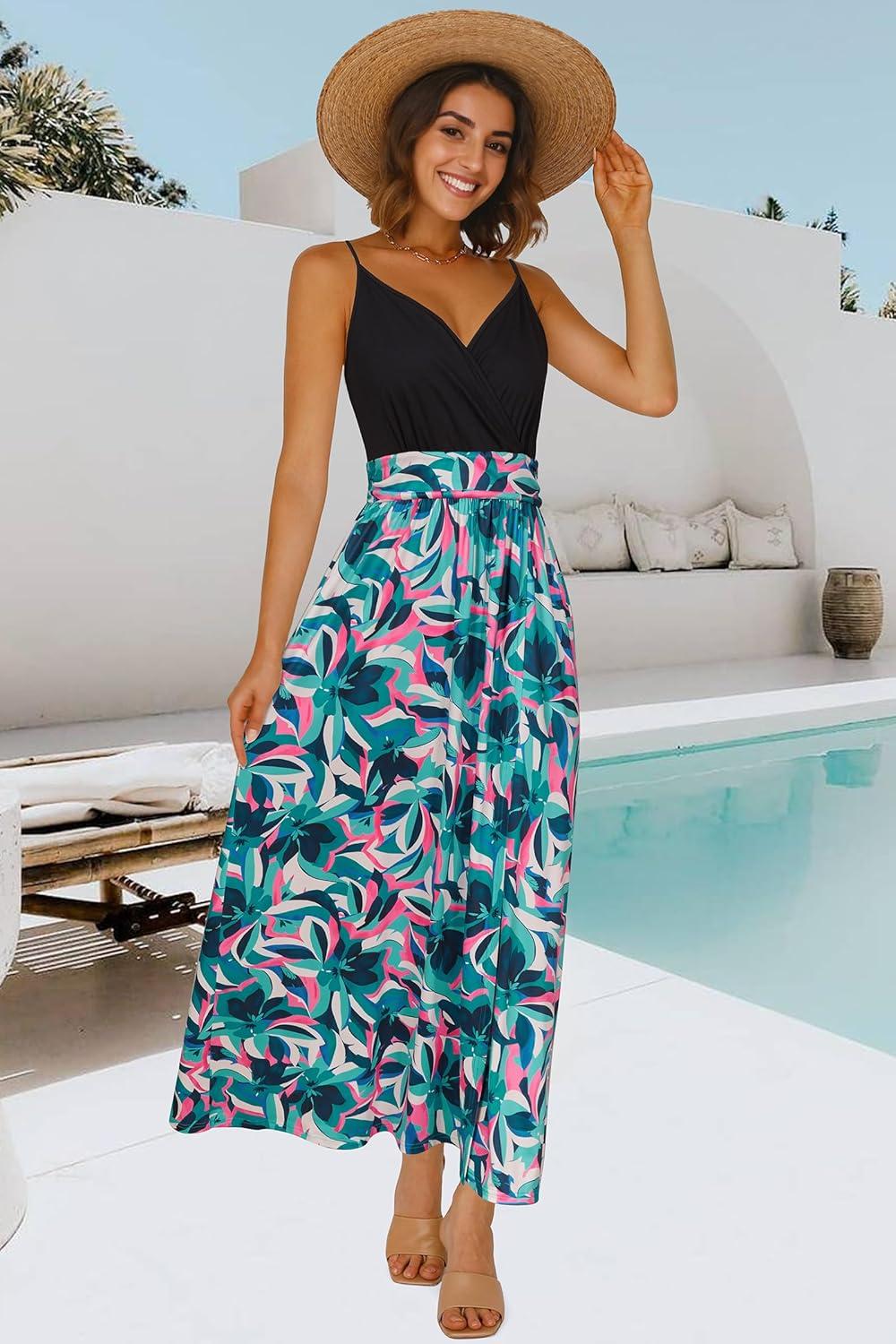image:imageNewshows Womens 2026 Lightweight Summer Wedding Guest Beach Vacation Casual V Neck Split Flowy Maxi DressMulticolor Green Flowers
