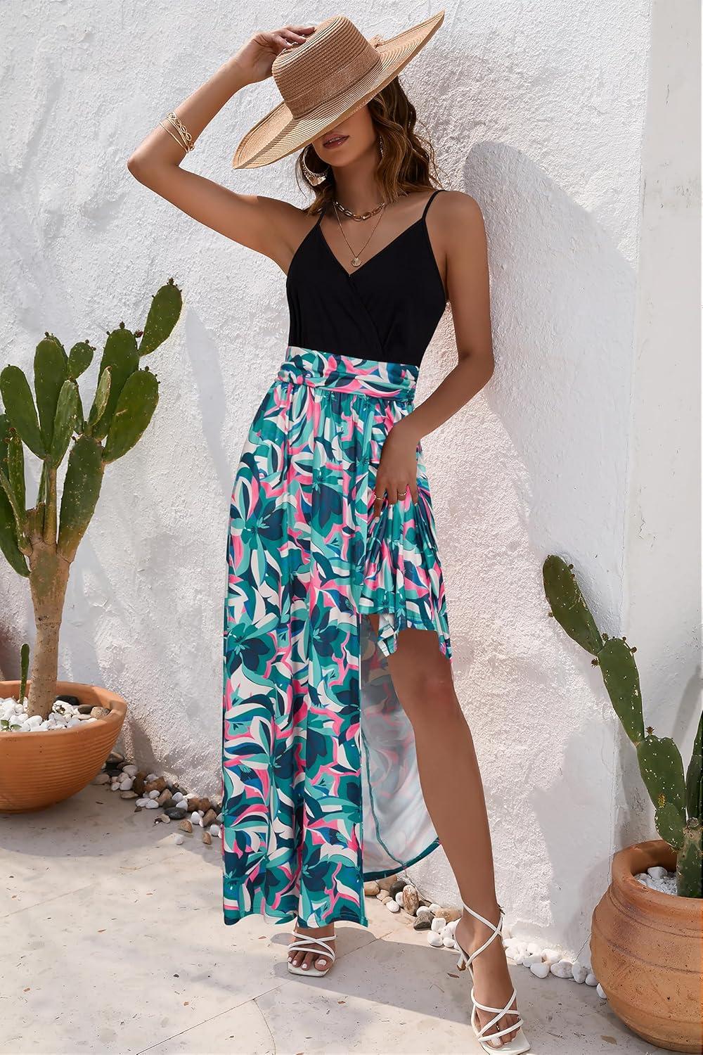 image:imageNewshows Womens 2026 Lightweight Summer Wedding Guest Beach Vacation Casual V Neck Split Flowy Maxi DressMulticolor Green Flowers