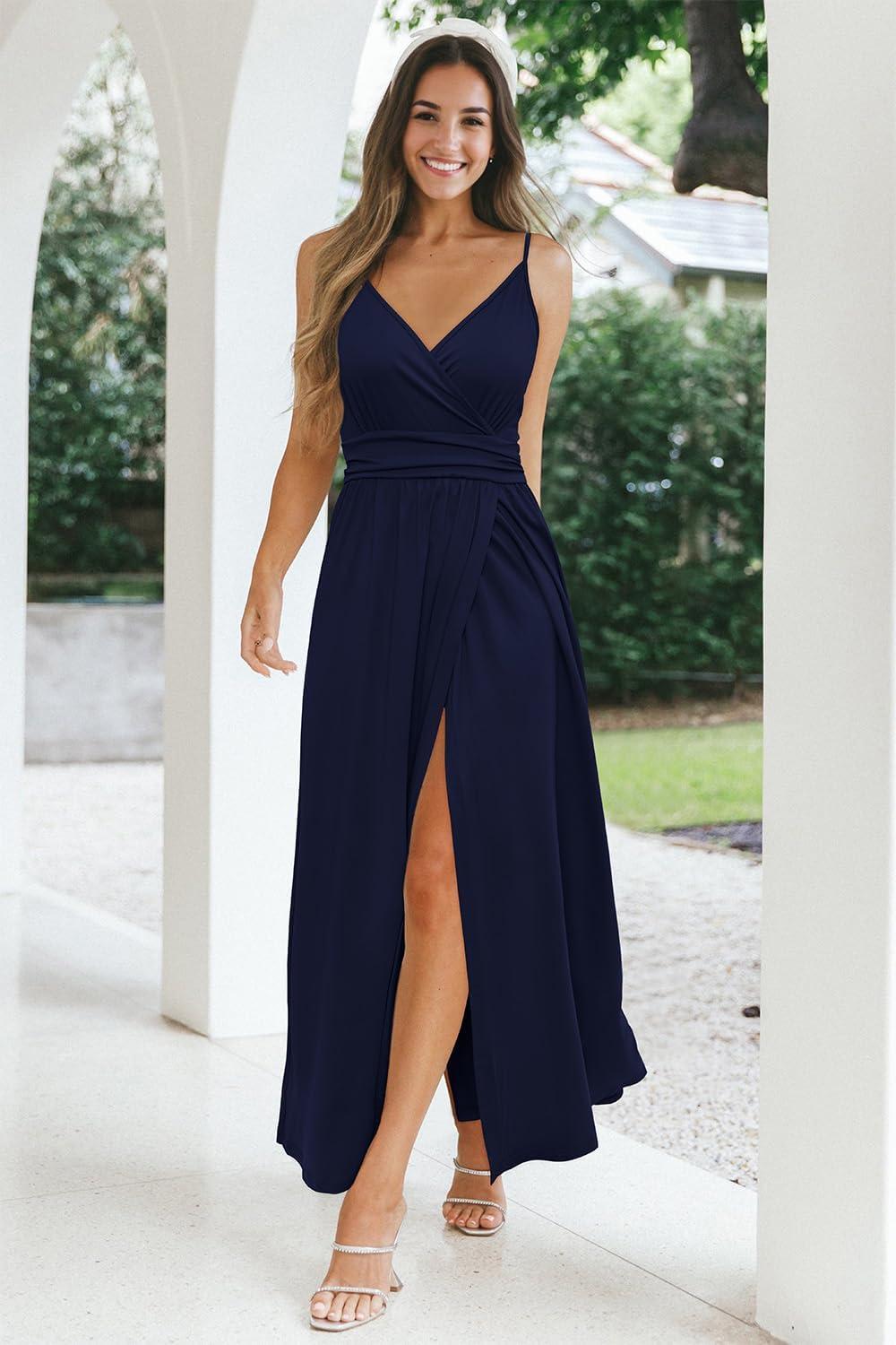 image:imageNewshows Womens 2026 Lightweight Summer Wedding Guest Beach Vacation Casual V Neck Split Flowy Maxi DressNavy Blue
