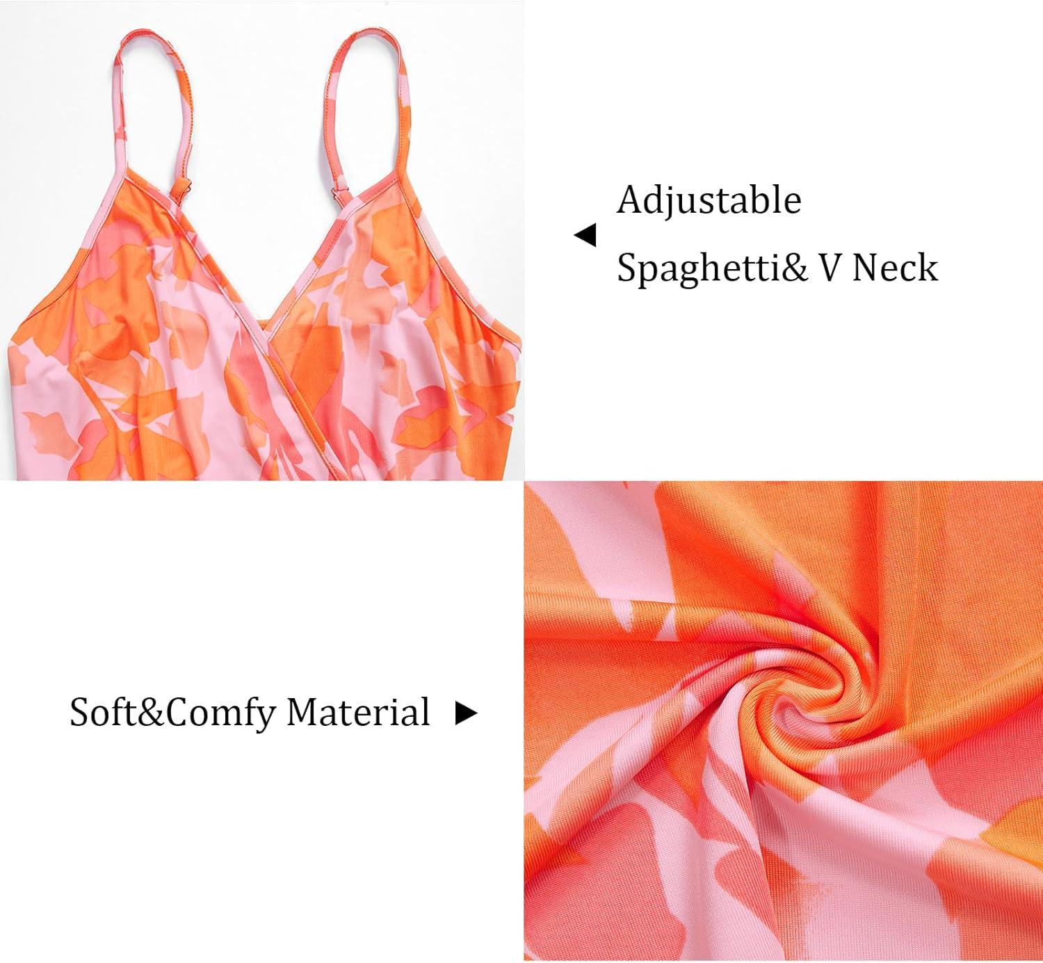 image:imageNewshows Womens 2026 Lightweight Summer Wedding Guest Beach Vacation Casual V Neck Split Flowy Maxi DressOrange Abstract Floral