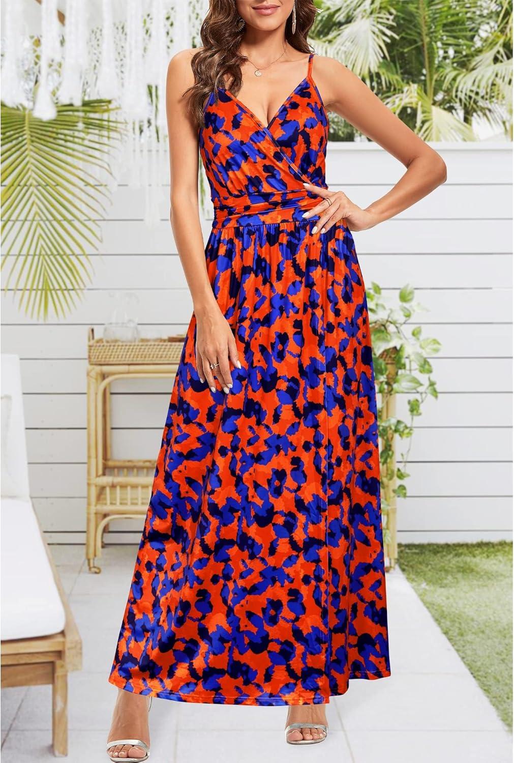 image:imageNewshows Womens 2026 Lightweight Summer Wedding Guest Beach Vacation Casual V Neck Split Flowy Maxi DressOrange Floral Blue