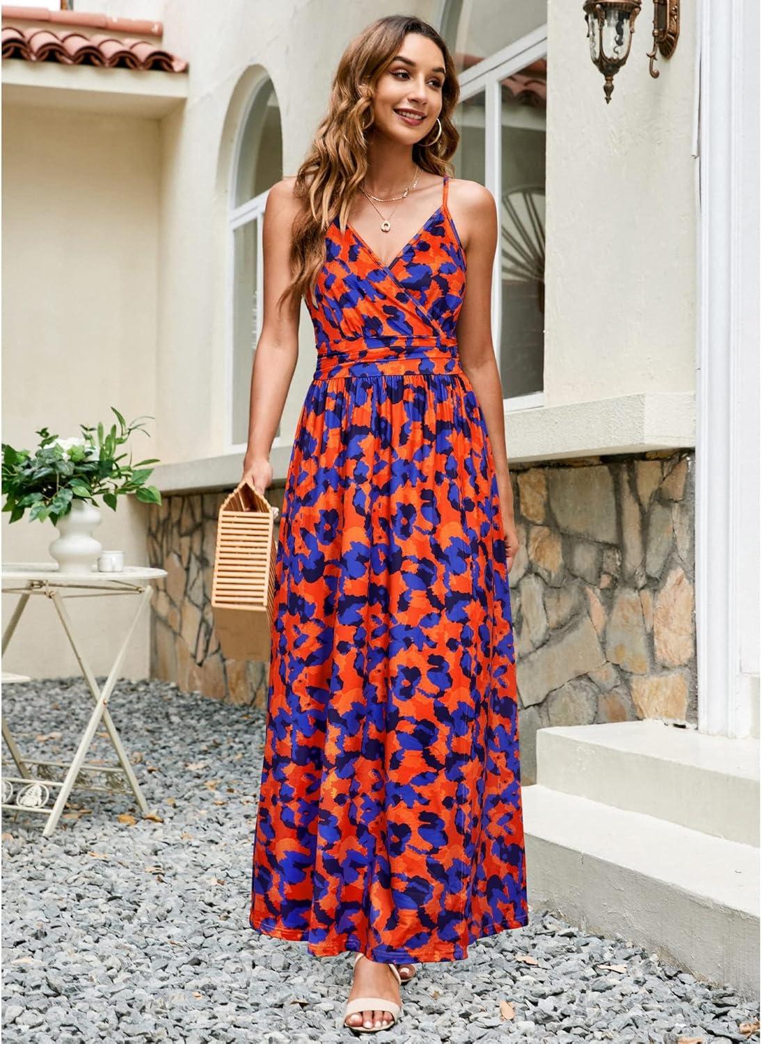 image:imageNewshows Womens 2026 Lightweight Summer Wedding Guest Beach Vacation Casual V Neck Split Flowy Maxi DressOrange Floral Blue