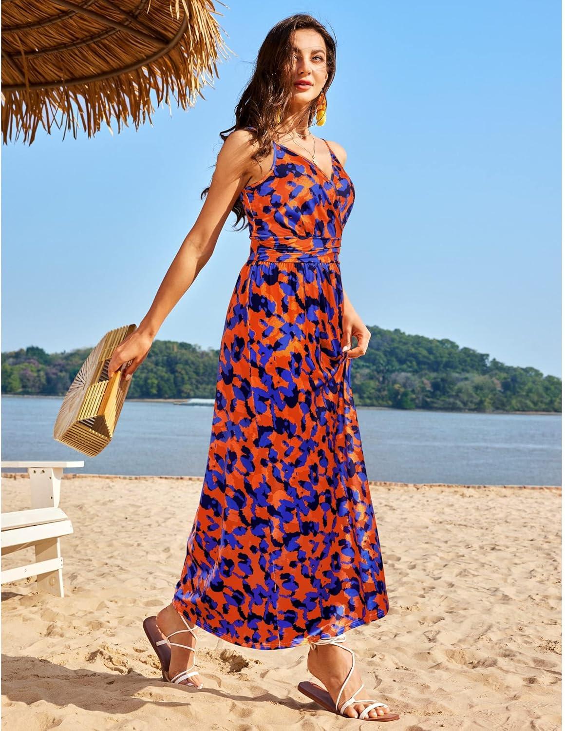 image:imageNewshows Womens 2026 Lightweight Summer Wedding Guest Beach Vacation Casual V Neck Split Flowy Maxi DressOrange Floral Blue