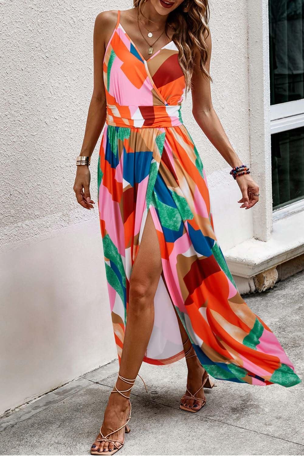 image:imageNewshows Womens 2026 Lightweight Summer Wedding Guest Beach Vacation Casual V Neck Split Flowy Maxi DressPink Floral Blue