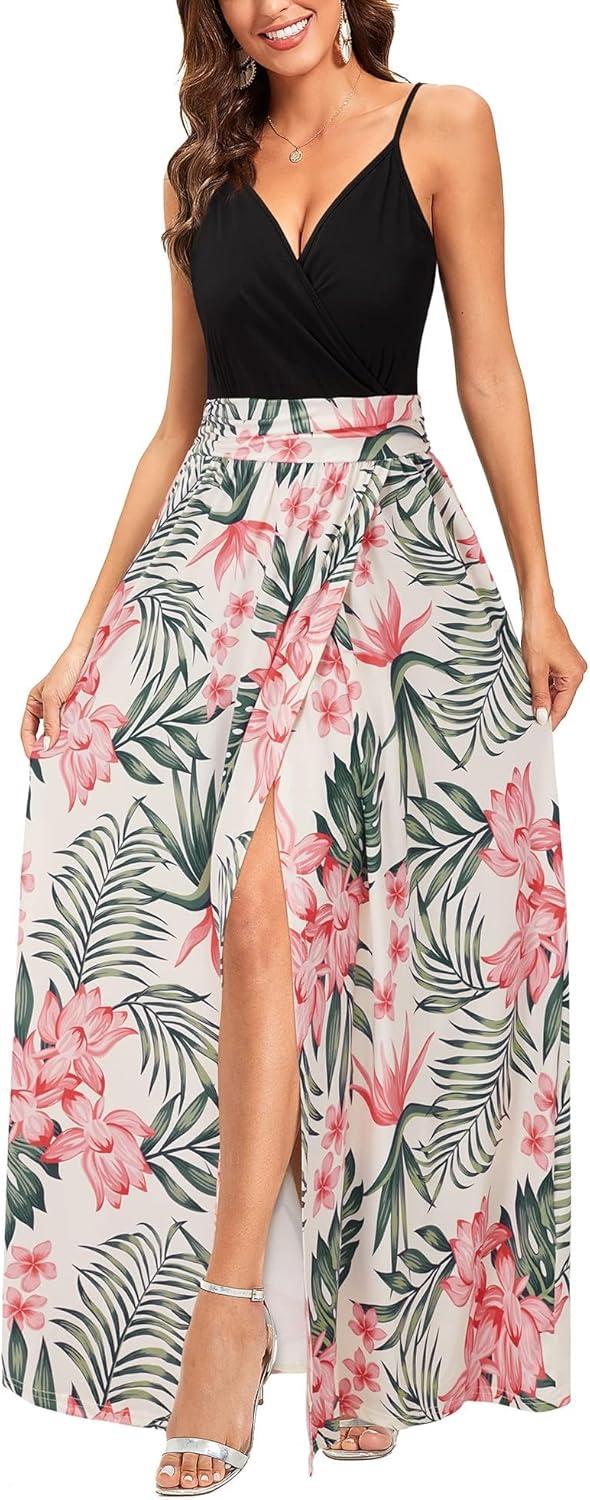 image:imageNewshows Womens 2026 Lightweight Summer Wedding Guest Beach Vacation Casual V Neck Split Flowy Maxi DressPink Floral Leaf