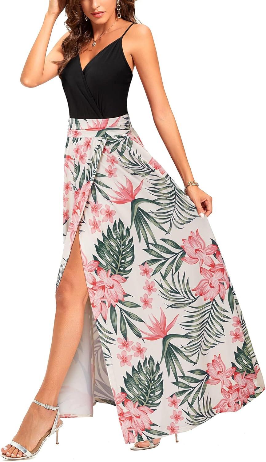 image:imageNewshows Womens 2026 Lightweight Summer Wedding Guest Beach Vacation Casual V Neck Split Flowy Maxi DressPink Floral Leaf