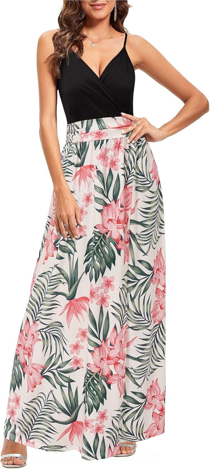 image:imageNewshows Womens 2026 Lightweight Summer Wedding Guest Beach Vacation Casual V Neck Split Flowy Maxi DressPink Floral Leaf
