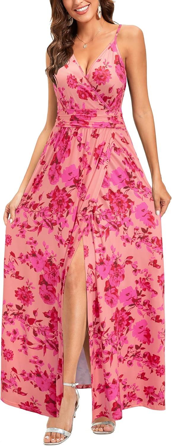 image:imageNewshows Womens 2026 Lightweight Summer Wedding Guest Beach Vacation Casual V Neck Split Flowy Maxi DressPink Floral Rose