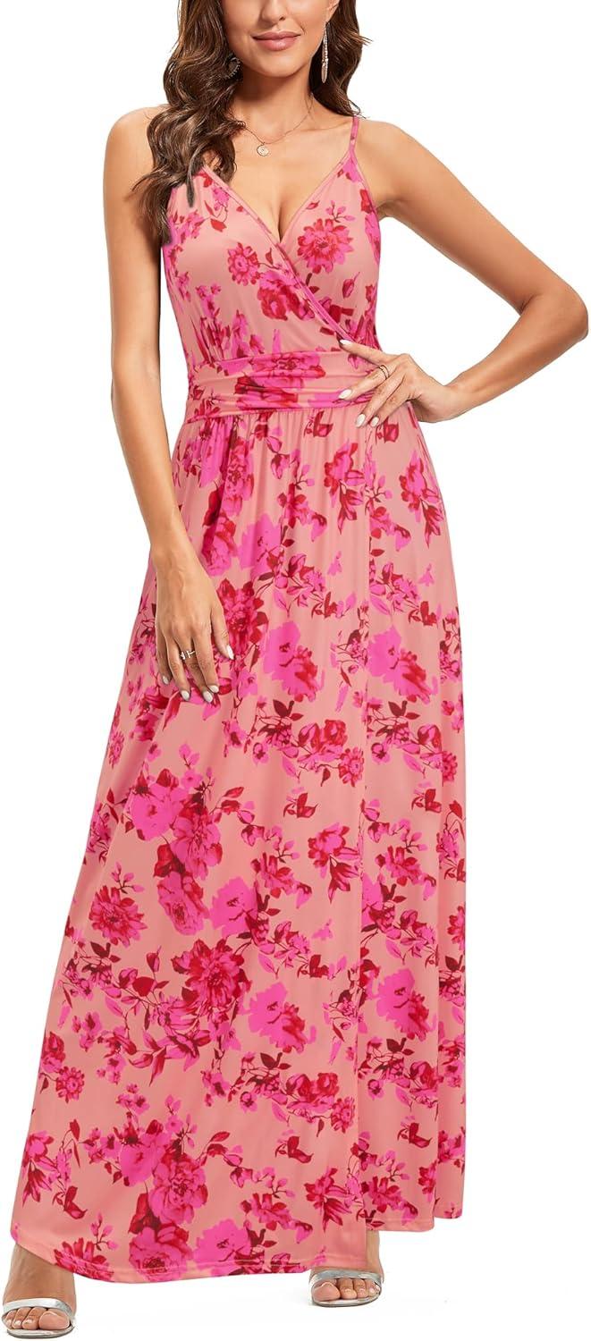 image:imageNewshows Womens 2026 Lightweight Summer Wedding Guest Beach Vacation Casual V Neck Split Flowy Maxi DressPink Floral Rose