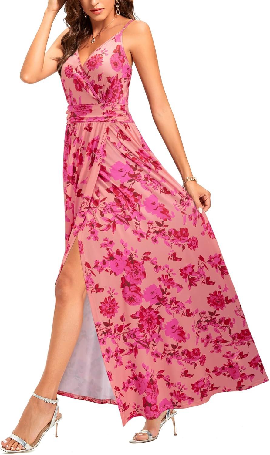 image:imageNewshows Womens 2026 Lightweight Summer Wedding Guest Beach Vacation Casual V Neck Split Flowy Maxi DressPink Floral Rose