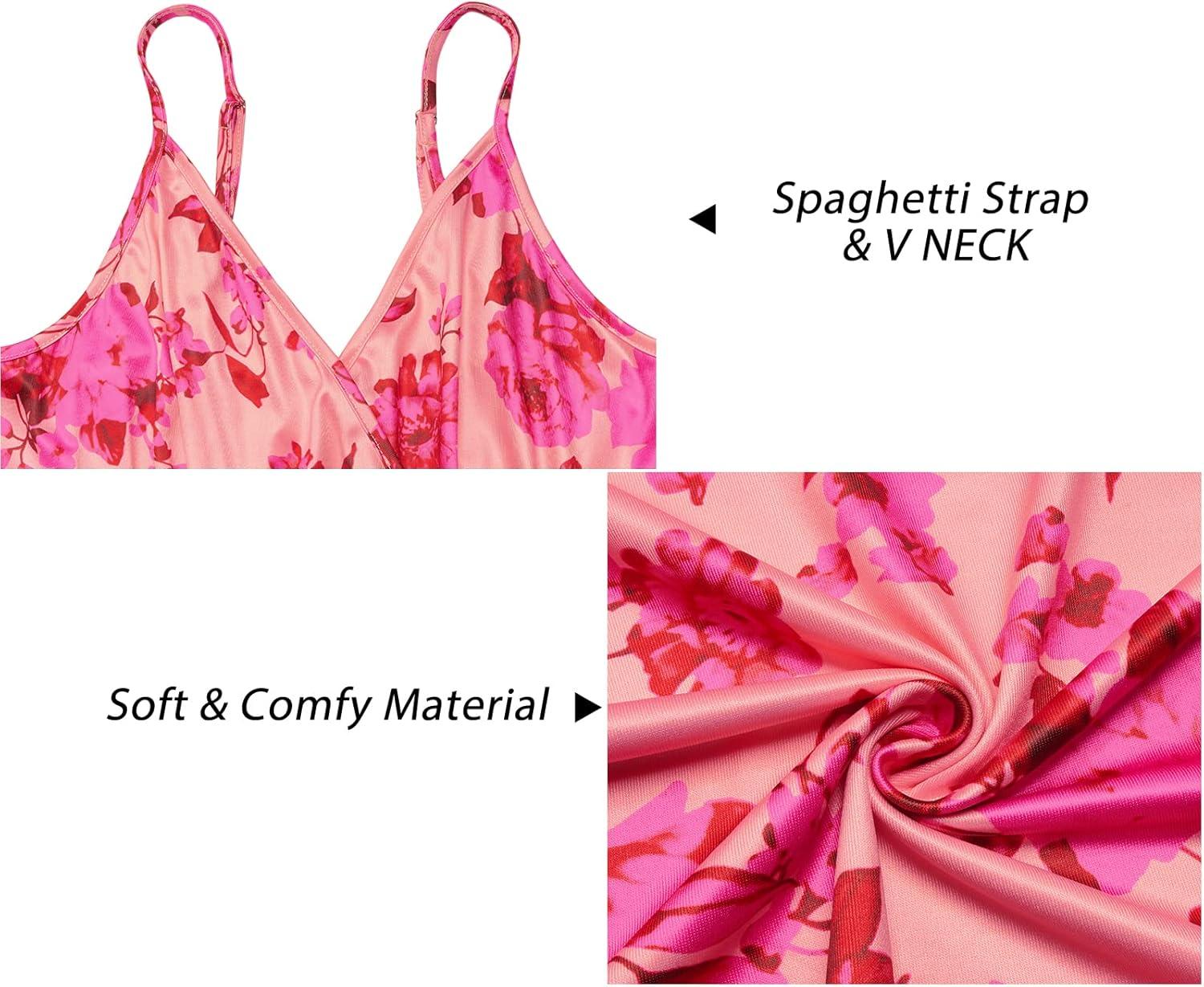 image:imageNewshows Womens 2026 Lightweight Summer Wedding Guest Beach Vacation Casual V Neck Split Flowy Maxi DressPink Floral Rose
