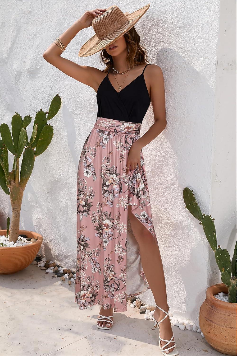 image:imageNewshows Womens 2026 Lightweight Summer Wedding Guest Beach Vacation Casual V Neck Split Flowy Maxi DressPink White Floral