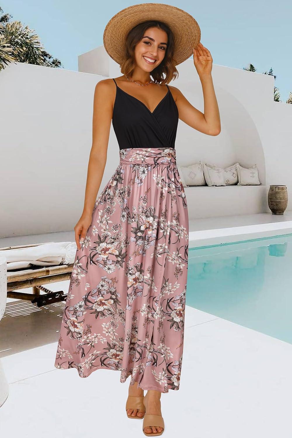 image:imageNewshows Womens 2026 Lightweight Summer Wedding Guest Beach Vacation Casual V Neck Split Flowy Maxi DressPink White Floral