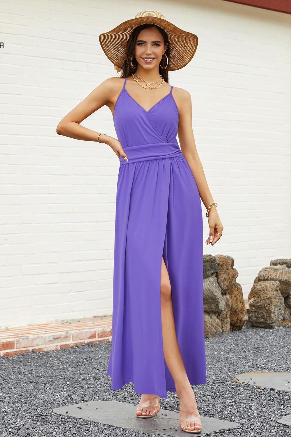 image:imageNewshows Womens 2026 Lightweight Summer Wedding Guest Beach Vacation Casual V Neck Split Flowy Maxi DressPurple