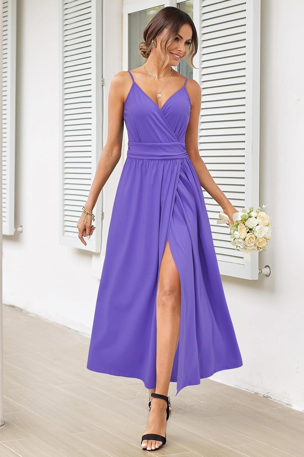 image:imageNewshows Womens 2026 Lightweight Summer Wedding Guest Beach Vacation Casual V Neck Split Flowy Maxi DressPurple