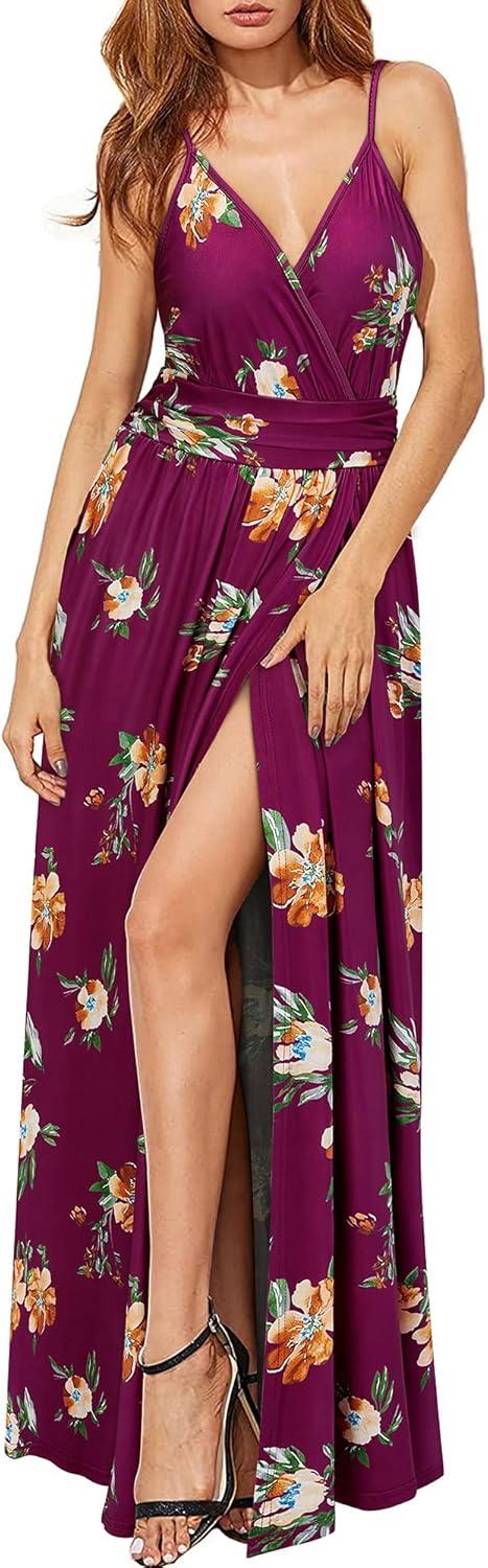 image:imageNewshows Womens 2026 Lightweight Summer Wedding Guest Beach Vacation Casual V Neck Split Flowy Maxi DressRed Floral Orange