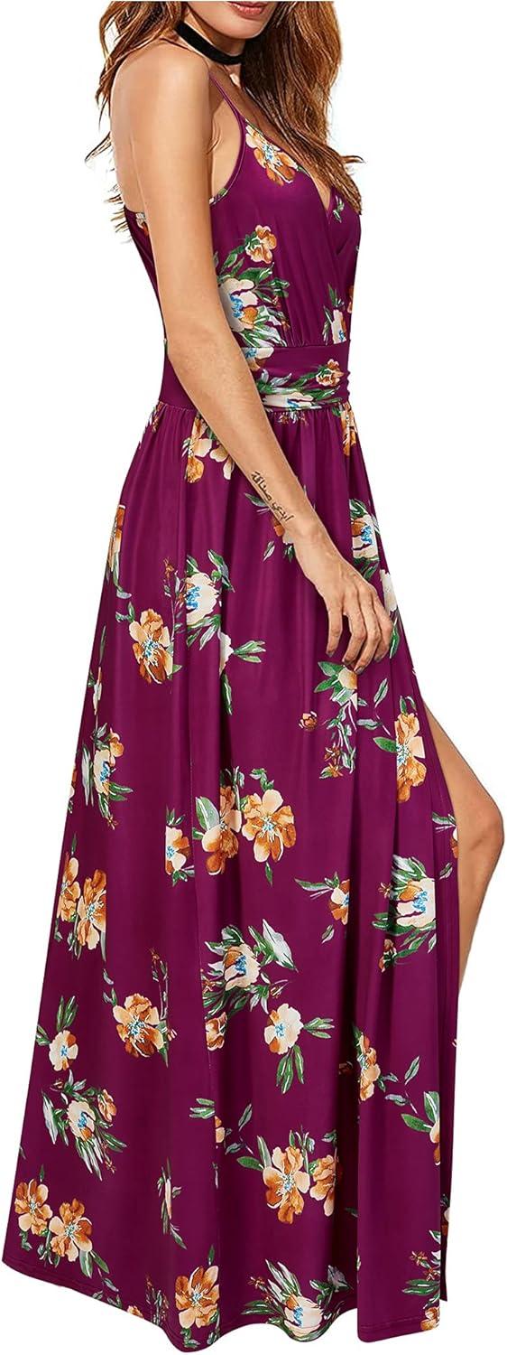 image:imageNewshows Womens 2026 Lightweight Summer Wedding Guest Beach Vacation Casual V Neck Split Flowy Maxi DressRed Floral Orange