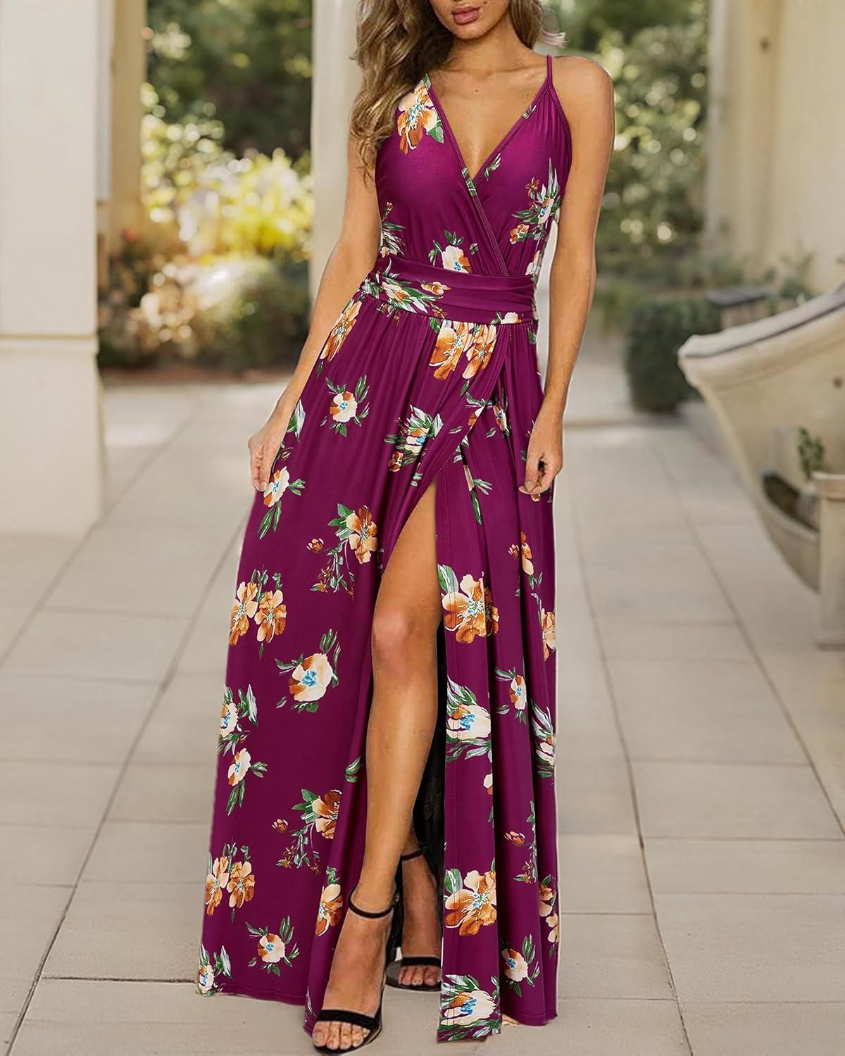 image:imageNewshows Womens 2026 Lightweight Summer Wedding Guest Beach Vacation Casual V Neck Split Flowy Maxi DressRed Floral Orange
